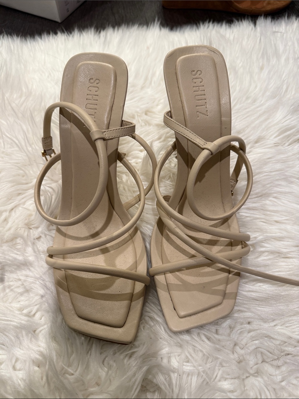 SCHUTZ Neutral Beige Strappy Square Toe Heels